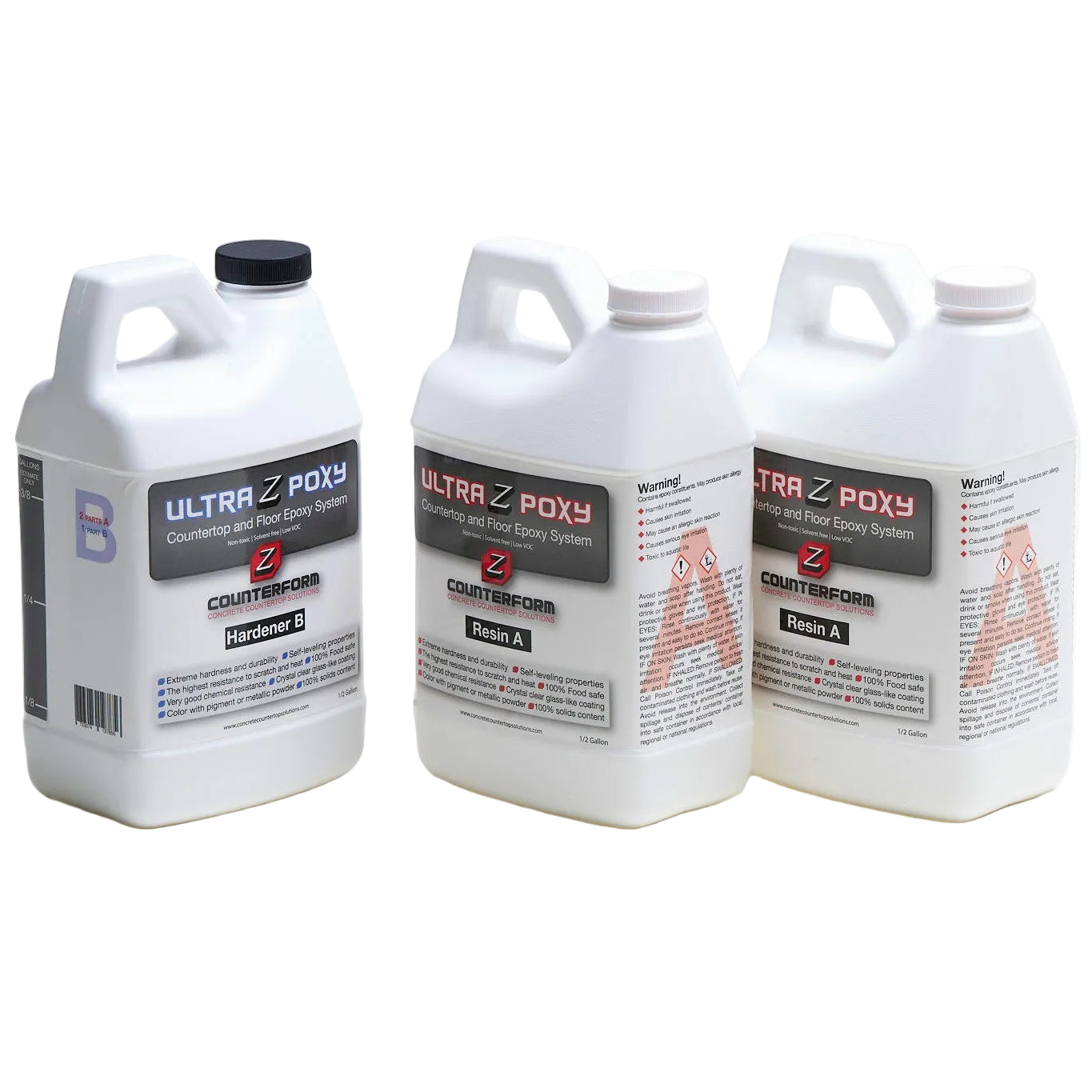 Three containers Of Ultra Z Poxy on a white background